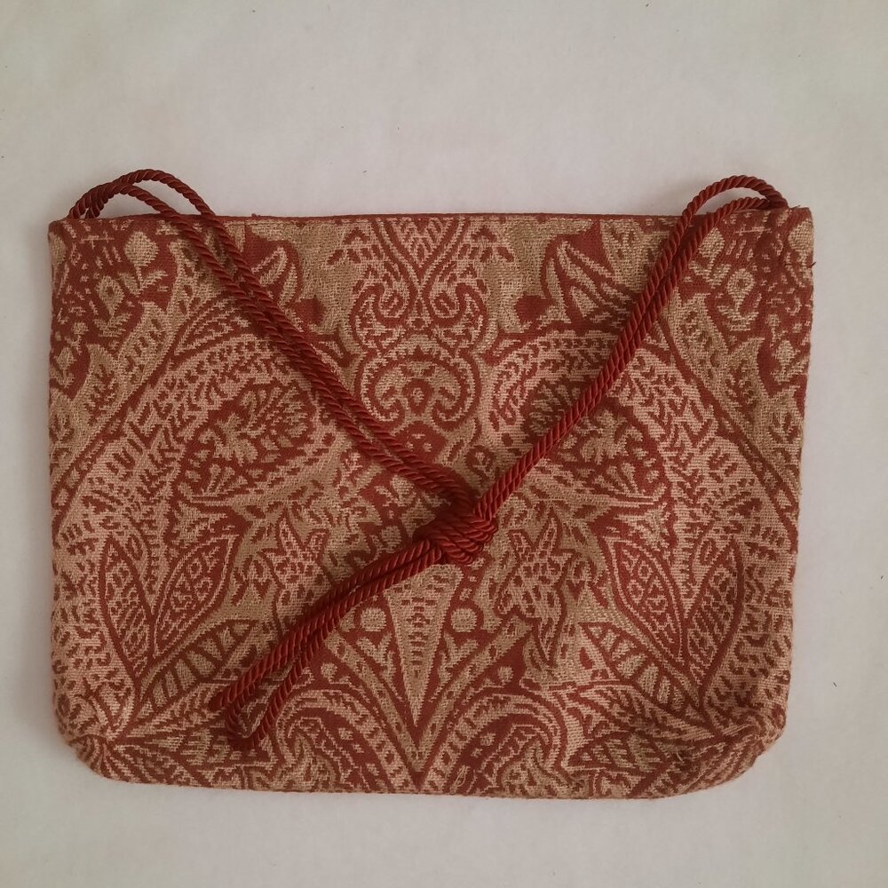 Ladies Burgundy and Beige Fabric Shoulder Bag